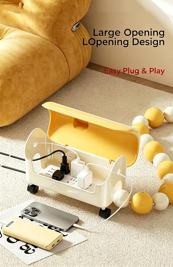 Cable Management Box with Decorative Beads, House Shaped Power Strip Storage, pet Proof Cord Concealer, Rolling Wire Organizer, Maple red Decorative Cord Box