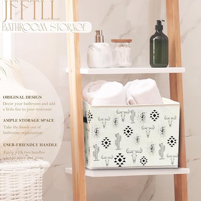 Western Storage Bins with Handles, Western Room Decor, Southwest Country Aztec Cactus Bull Skull Collapsible Laundry Basket Storage Box for Home Bedroom Bathroom Clothes Toys Books