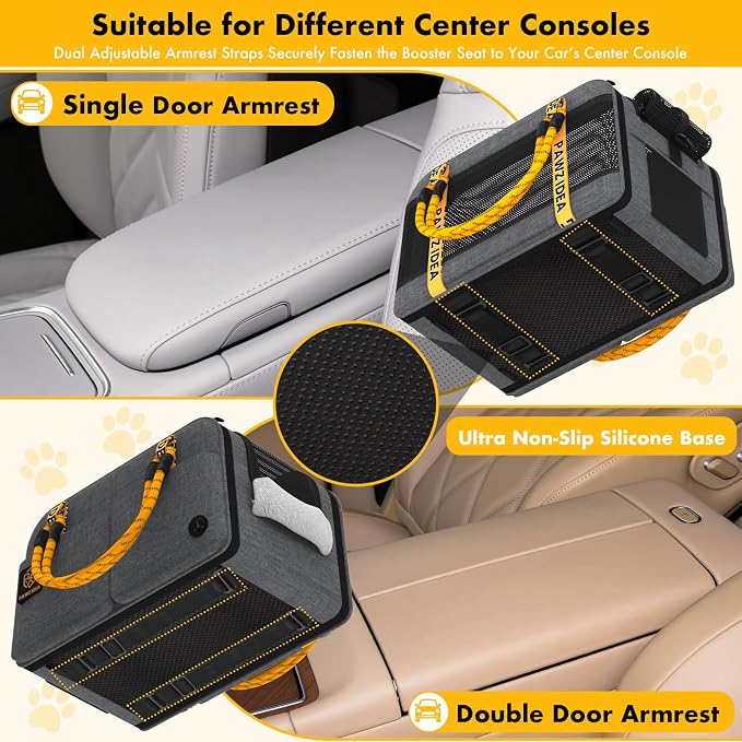 PAWZIDEA Center Console Dog Car Seat, Secure Straps & Anti Slip, Up to 12lb | Enclosed Small Dog Armrest Booster Car Seats, Anti-Collapse Portable Pet Carrier Soft-Sided, Removable Pillow &Storage Pocket