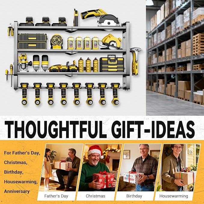 Extra Tall Large Power Tool Organizer Wall Mount ,4 Layers Drill Holders | 8 Cordless Heavy Duty Metal Battery Tool Shelf Loads 400lbs,Tool Storage,Utility Rack For Workshop,Garage,Gifts for Men