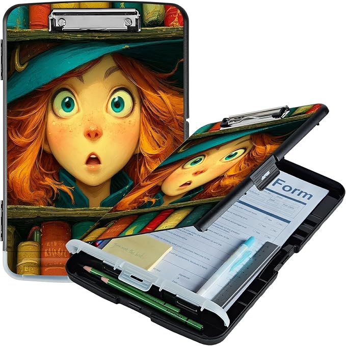 A4 Clipboard with Storage Pen Holder, Clipboards Organizer Nursing Clipboard Foldable File Folder Plastic Clipboard Folio Clip Board for Office Work Classroom Doctor, Colorful Book Girl