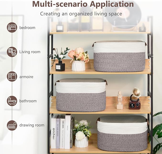 ECDYQXVU 15x10x9 Woven Cotton Rope Storage Basket, Leather Handles 2 Pack | Foldable Design, Sturdy PU Handles, Easy to Clean Organizer for Living Room, Closet, Shelves, Bedroom, Laundry, Clothes