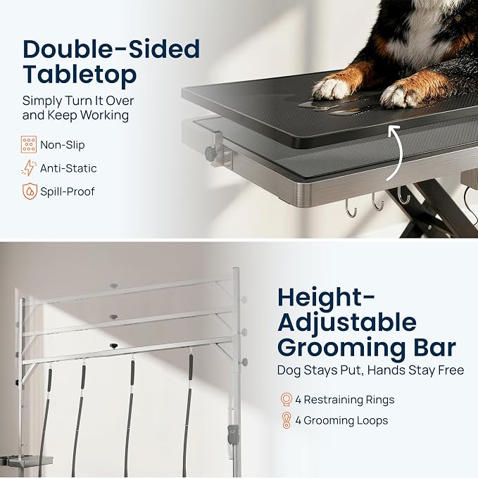 Professional Electric Dog Grooming Table - Heavy Duty | Height Adjustable Pet Grooming Table w/Leveling Wheels, Dog Grooming Arm, Anti-Slip Tabletop & Tool Organizer (Black, 60")