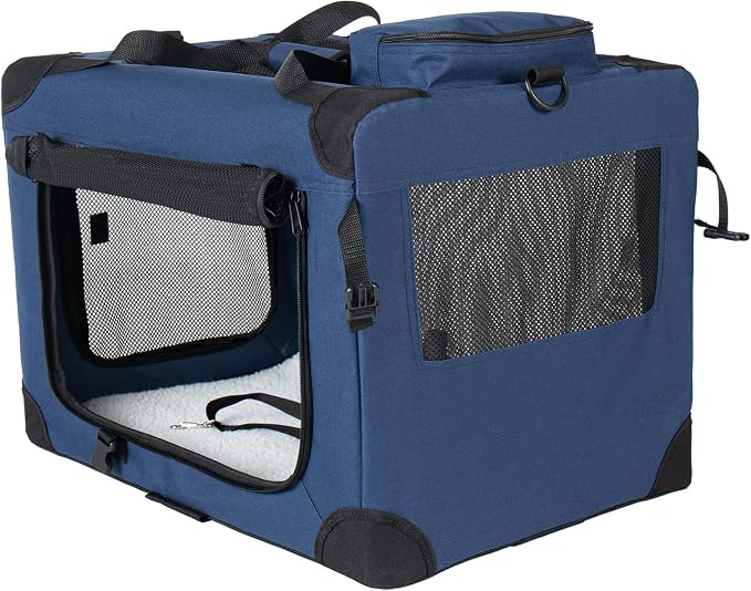 2 in 1 Rolling Dog Crate with Wheels, 24'' Collapsible Travel Pet Carrier for Medium Large Dogs, Portable Folding Kennel with 3-Door Design & Mesh Windows (Dark Blue + 32'')
