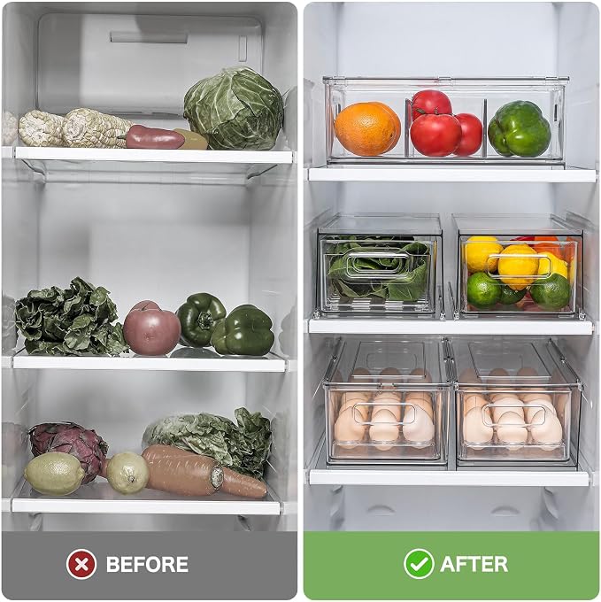 3.7QT Refrigerator Fridge Organizers Storage Bin with Pull-out Drawer,2 Pcs | Plastic Fridge Organizers and Storage with Handle, Stackable Fruit Vegetable Storage Containers for Kitchen Bathroom Pantry