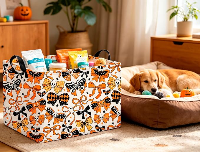 CLOCOR Rectangular Storage Basket,Collapsible Cute Pattern Storage Bin,Waterproof Books Box with Handles,Gift Basket(Halloween Bowknot)