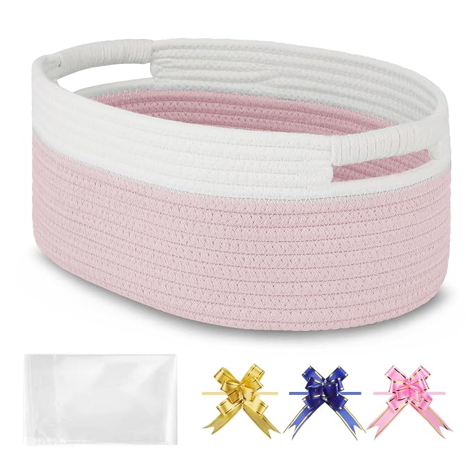 Small Woven Gift Basket with Bag & Ribbons, Light Pink | Cotton Rope, 13”x 9”x 5.5”, Fits for Kids, Women & Men, Bedroom, Living Room, Nursery & Bathroom Storage, Cat & Dog Toy Boxes