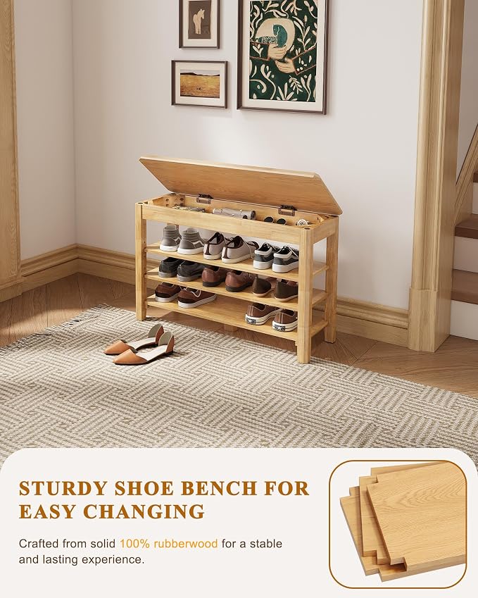 IUNVR Shoe Rack Bench Seat Rubberwood 3-Tier Wooden Storage Bench 550lbs Compact Mid-Century Modern Design for Entryway, Hallway, Closet, Front Door Entrance, Foyer