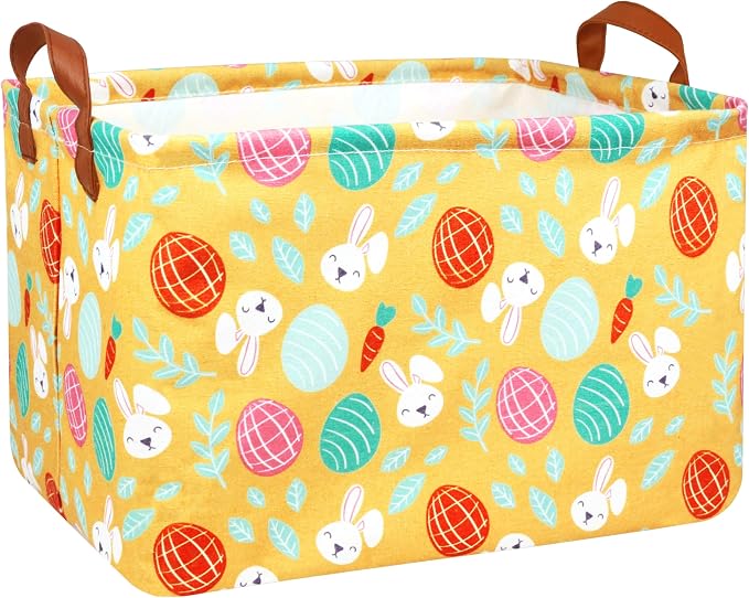 Large Rectangular Easter Baskets Empty Waterproof Boy Toy Box Foldable Kid's Gifts Storage Bin Spring Room Decor(Yellow Leaf Rabbit Egg)