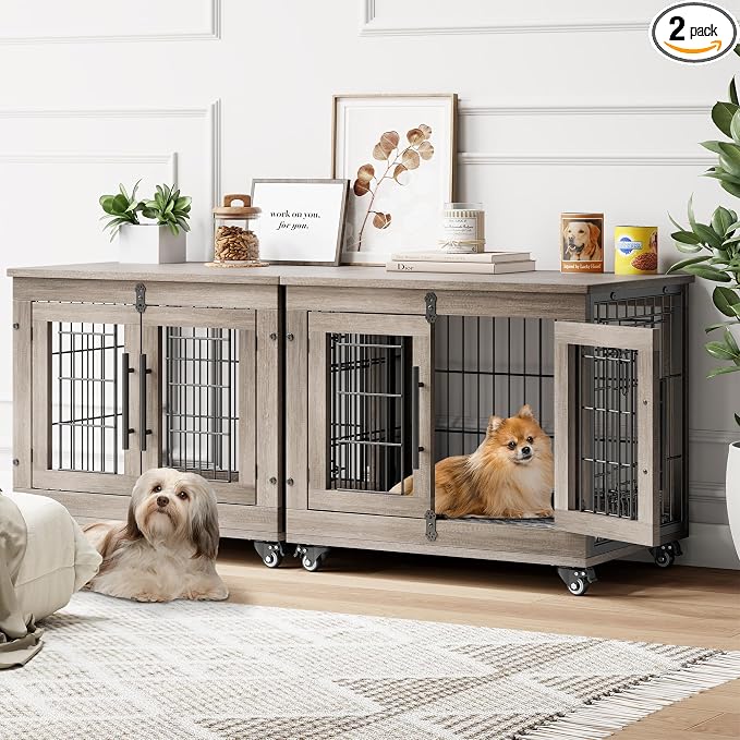 YaFiti Dog Crate Furniture, 27.2" Wooden Dog Kennel, 2 Pack, Grey | for Small Dogs, Up to 30 lb, Cushion, Wheels, Double Doors, Furniture Style, Side End Table, Decorative Pet Cage House