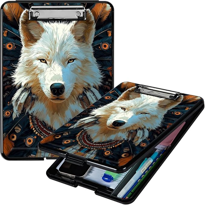 Heavy Duty Storage Clipboard, Slim Nursing Clipboard with Internal Pen Case, Portable File Organizer Case for A4 Letter Size Paper Office Medical Professionals, Feathers White Wolf