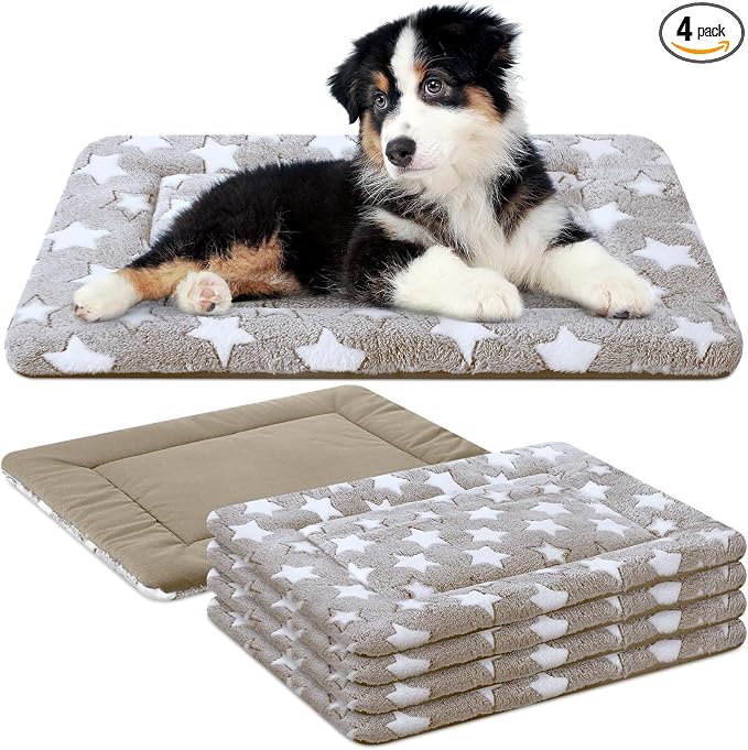 4 Pcs Dog Crate Pads Soft Warm,18 x 24 x 1.6 Inch,Star,Apricot | Ultra Soft Warm Washable Anti-slip Kennel Bed Mat for Pets,Reversible Replaceable,for Small Medium Large Dogs and Cats