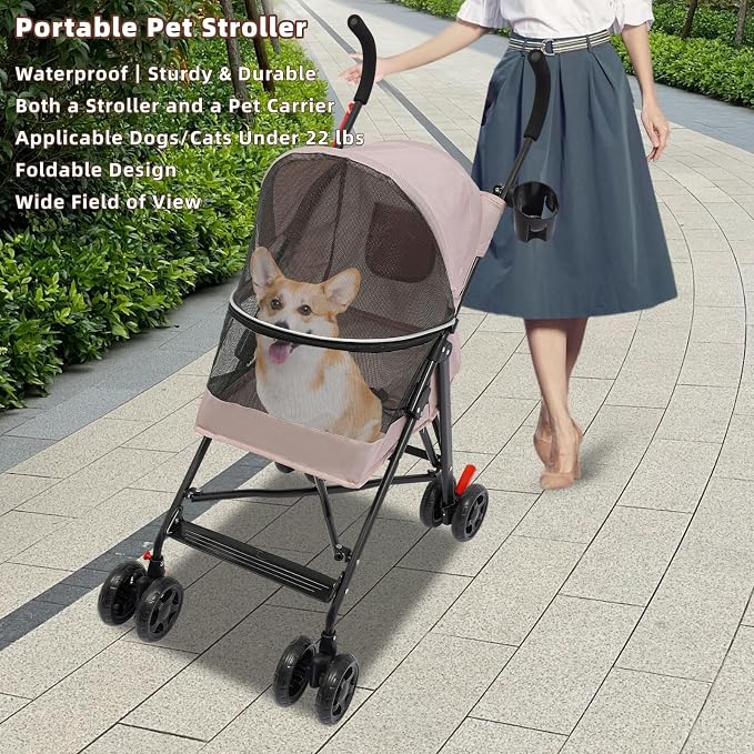 Pet Stroller for Small Medium Dogs Up to 22lbs, 4 Wheels Folding Pet Carriage Cart for Dogs Cats, Portable Cat Puppy Jogging Stroller with Rear Pocket and Cup Holder (Pink)