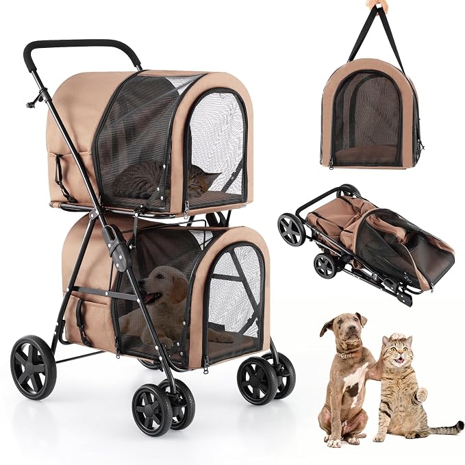Dog Stroller with 2 Detachable Carrier, Pet Stroller for Small Medium Dogs Cats, Jogger/Travel/Camping, 4-in-1 Doggy Pet Carrier, Carrier Strolling Cart with Lockable Wheels (Beige)
