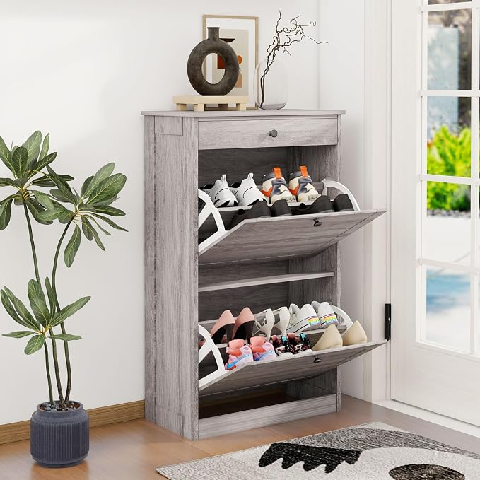 FTZxHKLX Shoe Rack Cabinet 2 Flip Drawers, Entryway Shoe Storage, Wash Grey | Narrow Shoe Cabinet Organizer with Top Drawer, Freestanding Hidden Shoe Organizer for Entryway , Hallway, Foyer