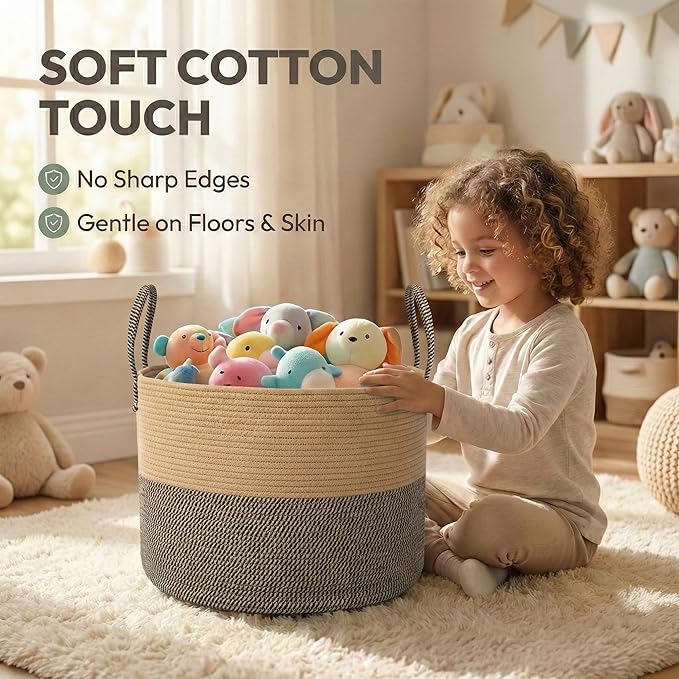 JMvicyroam 115L Extra Large Machine Washable Cotton Rope Blanket Basket | Collapsible laundry hamper, Reinforced handles, For blankets, pillows, toys and clothes, Living room and bedroom, Jute&Black