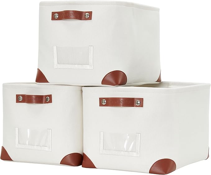 DECOMOMO Storage Bins, Large Fabric Storage Baskets for Shelves 3 Pack | 15 x 11 x 9.5 inches Decorative Linen Closet Organizers with Handles (Creamy White)