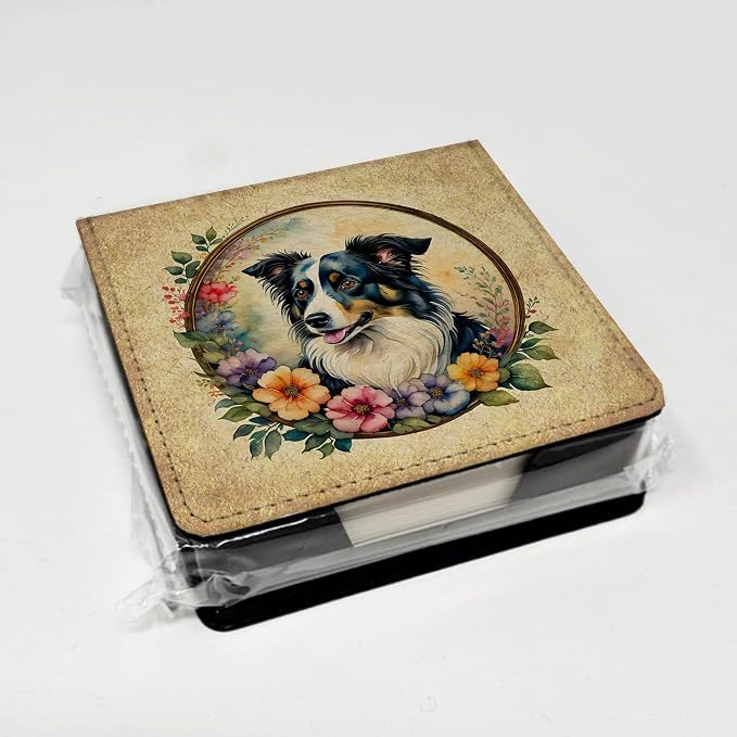 Caroline's Treasures Border Collie and Flowers PU Leather Note Paper Holder with Artist-Designed Cover, Desk Accessory, Office Gift