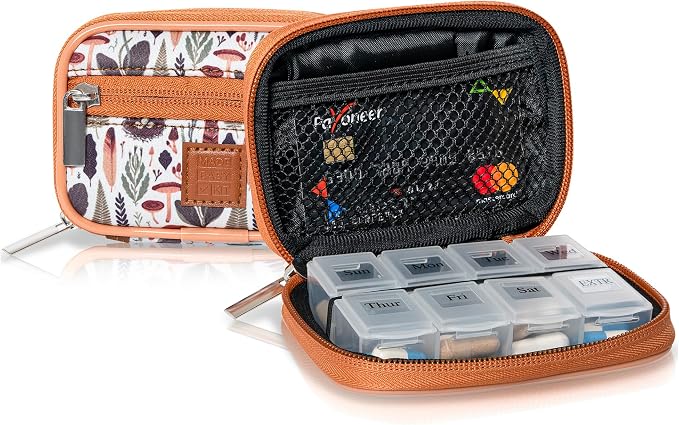 Made Easy Kit Pill Case for Everyday and Travel - 7-Day Weekly Medicine Supplement Vitamin Organizer Sorter Tracker - Neoprene Bag with Pockets - Compact Portable 8 Compartments (Light Brown Woods)