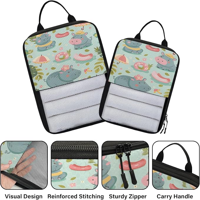 Hippopotamus Compression Packing Cubes Tropical Theme 6 Set Travel Packing Cubes for Suitcases Lightweight Expandable Organizers