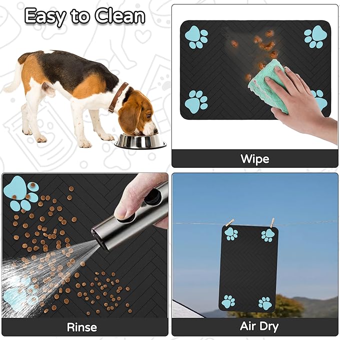 Pet Feeding Mat-Absorbent Dog Feeding Mat for Food and Water Bowl,No Stains Pet Placemat,Quick Drying Water Dispenser Mat for Dog and Cat,Easy to Clean Dog Accessories(S,Black Blue Paw)