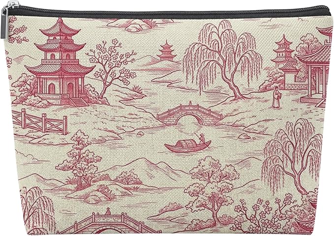 Pink Toile Empty Mahjong Tile Bag 13x7.8 Inch | Chinoiserie Printed Portable Travel Case Organizer Zipper Pouch for American Mahjong Tiles Game Night Accessories and Gifts