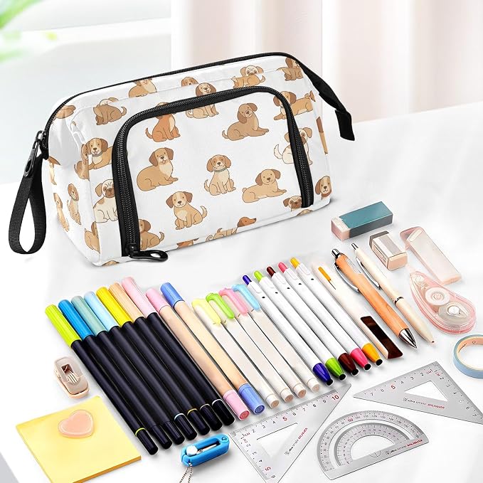 Emelivor Pets Dogs White Print Pencil Case Large Capacity Pencil Pouch Bag with Compartmens Pen Organizer Portable Stationery Bag for School Office Girls Boys Adult College
