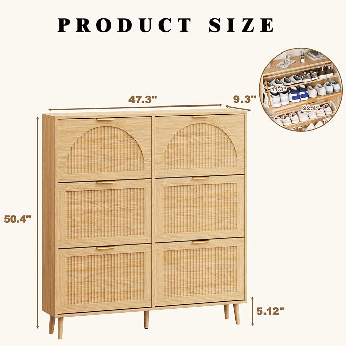 Shoe Storage Cabinet with 6 Flip Drawers, Narrow Wood Shoe Organizer Cabinet with Fluted Panel, Slim Shoe Rack for Entryway, Freestanding Shoe Cabinet for Living Room, Hallway, Wood Color