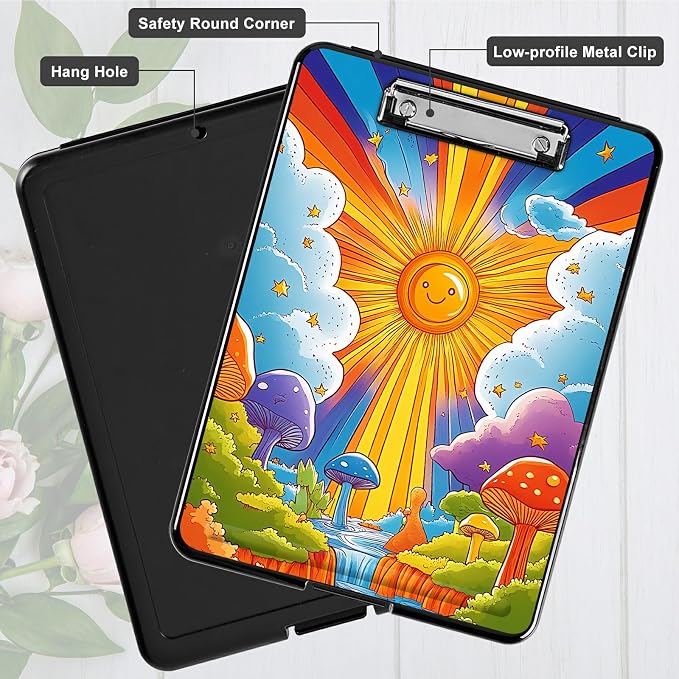 Heavy Duty Storage Clipboard, Slim Nursing Clipboard with Internal Pen Case, Portable File Organizer Case for A4 Letter Size Paper Office Medical Professionals, Sun Clouds Creek