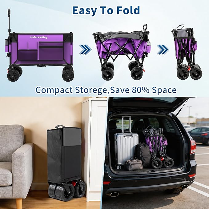 Collapsible Canopy Wagon Cart, Heavy Duty Utility Wagon with Removable Sun Cover, All-Terrain Big Wheels, Dual Brakes, Extra Large Grocery Cart for Beach Camping Sports Tailgates (Purple)