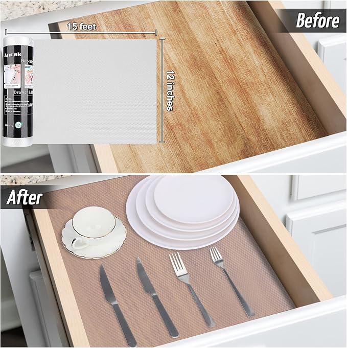 Anoak Shelf Liner Non-Slip Drawer Liner for Kitchen, Non Adhesive Cabinet Liner 12 Inch x 15 FT(180 Inch) Waterproof Refrigerator Liners for Kitchen Drawer, Bathroom Shelves Diamond Pattern Clear