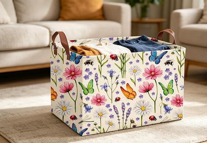 Essme Rectangular Flower Basket,Storage Bins Organizer with Handles for Room Decor, Gift Basket,Shelf Basket.(Flowers)