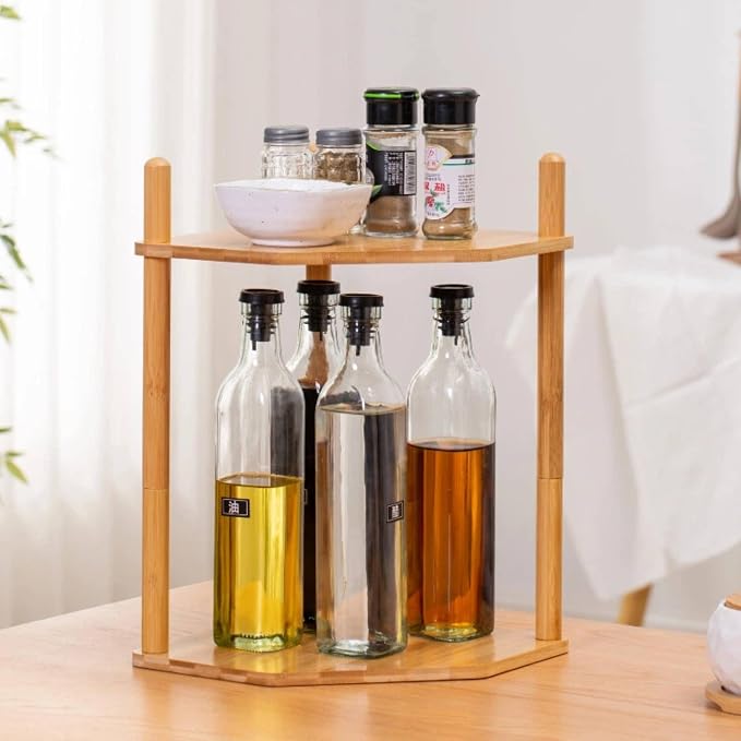 2-Tier Extra Tall Bamboo Corner Shelf, Kitchen Countertop Wine Bottle Organizer, Corner Counter Storage Rack for Pantry, Spice & Wine Organizers and Storage