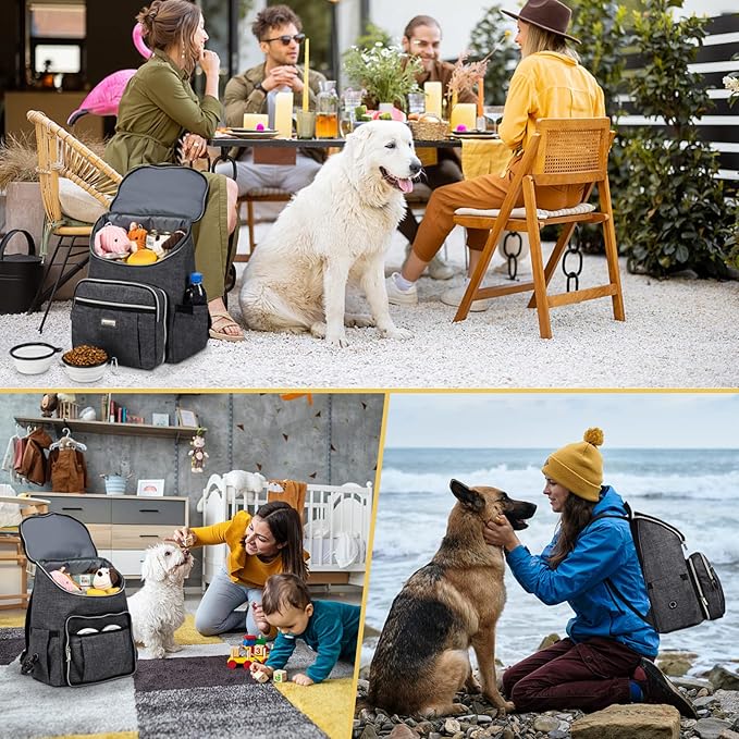 BAGLHER Travel Dog Backpack - Detachable Travel Dog Food Container for Pet Supplies Dog Gear Backpack,Dog Bag for Traveling with 2 Silicone Collapsible Bowls and 2 Food Baskets Grey