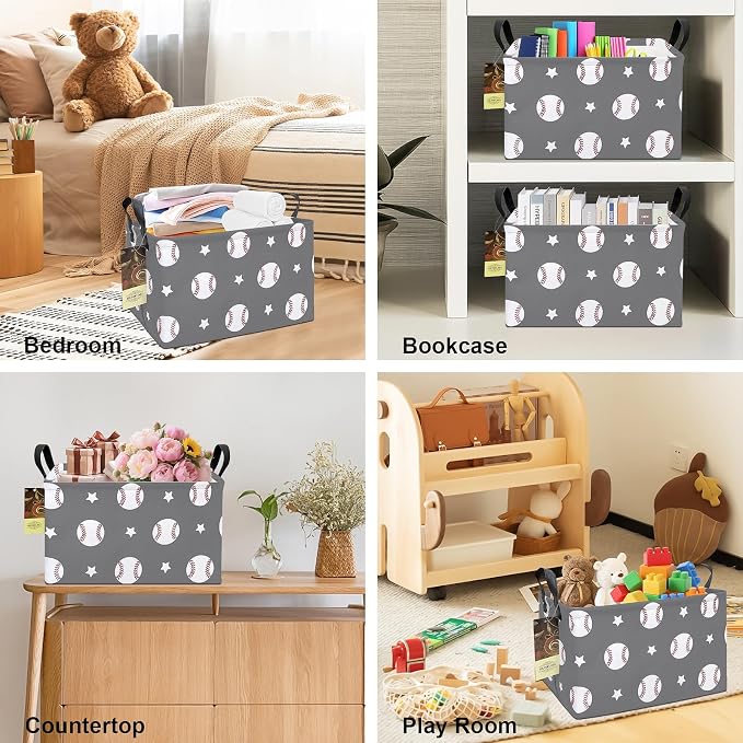 Rectangle Foldable Storage Basket Handles For Home, Grey Baseball | Waterproof canvas material, reinforced handles, perfect for shelf use, organizes clothes, daily items and pet supplies