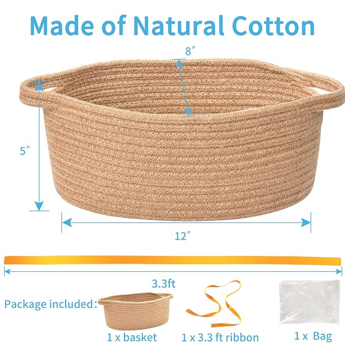 ABenkle Small Basket Empty Gift Basket, Decorative Boho Rope Woven Nursery Storage Organizer Dog Toy Baskets for Baby Showers Christmas Easter with Gift Bags and Ribbons, 12"X 8" X 5"