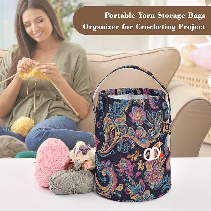 Fustylead Beautiful Pink Blue Paisley Floral Pattern Knitting Yarn Storage Tote Basket, Durable Polyester Large Crochet Drawstring Bag for Crocheting Project, Sewing Supplies, Needles