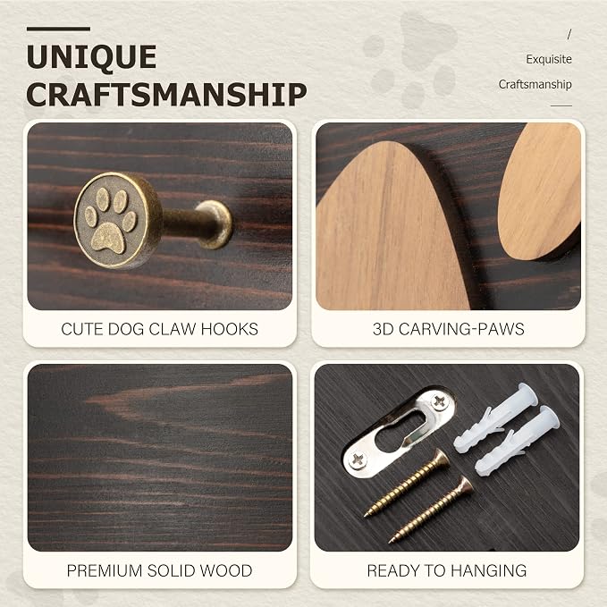 MTERSN Cute Dog Leash Holder for Wall for Apartment Essentials, Dark Brown | Acacia Wood, 3D Pet Claw Hooks, Wall Key Holder with 6 Hooks Dog Leash, Ideal for Wall Decor, Gift Idea for Dog Lovers
