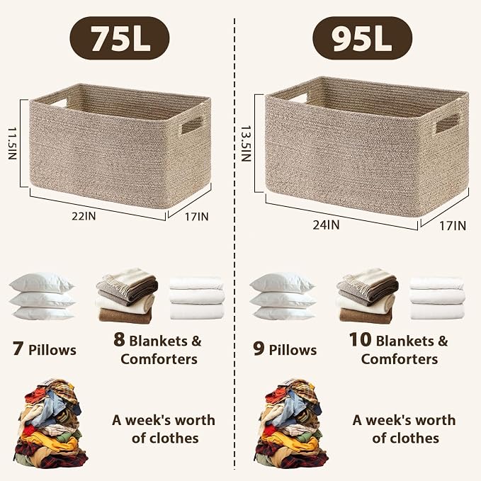 Optish 75L Large Woven Blanket Basket, Storage Basket with Handles, Brown | Sturdy Cotton Rope Basket Organizer Blanket, a lot of Toys, Comforter, Pillow, Bedroom, Living Room, Bathroom, Easy to Carry