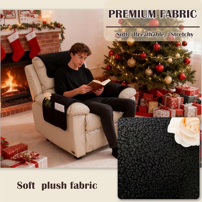 Sherpa Fleece Armrest and Headrest Covers with 2 Pockets | Soft fleece with nonslip silicone backing helps protect leather and fabric furniture from pet scratches machine washable