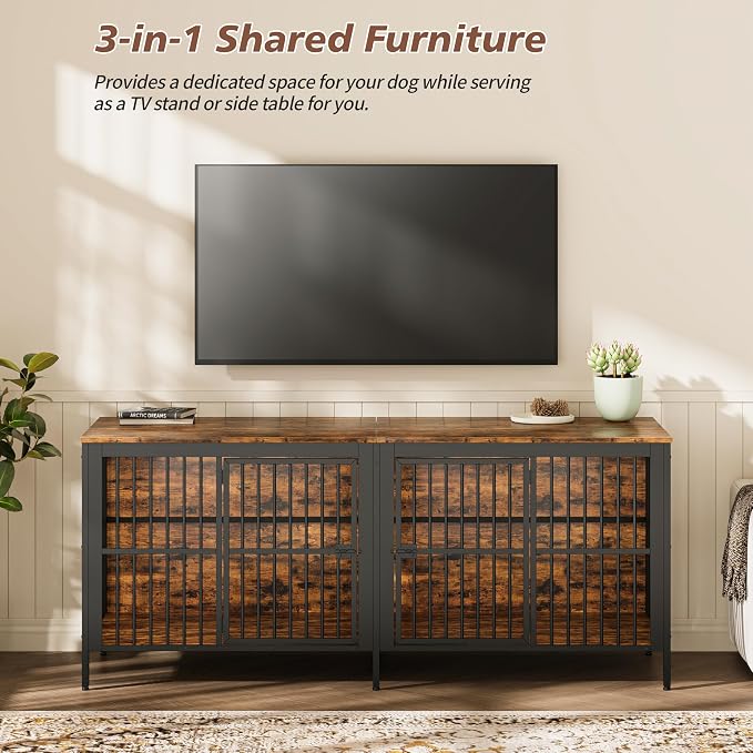 80'' Double Dog Crate Furniture for 2 Dogs, Large Dog Kennel Furniture Indoor as TV Stand, Wooden Dogs Cage Heavy Duty Kennel End Side Table for Living Room, Large & Medium Dogs, Brown