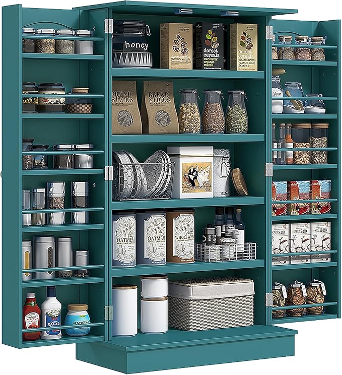 HOMCOM 41" Kitchen Pantry Storage Cabinet 12 Door Shelves Double Doors Blue | Freestanding Kitchen Cabinet, 2 Doors, 5-Tier Shelving, Adjustable Shelves