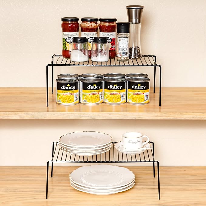 Set of 6 Large (15.7 x 9.4 Inch) Kitchen Cupboard Organiser, Freezer Cabinet Storage Metal Shelf Wire Rack, Rustproof Steel Shelves for Fridge Pantries Countertops Utensils, Black