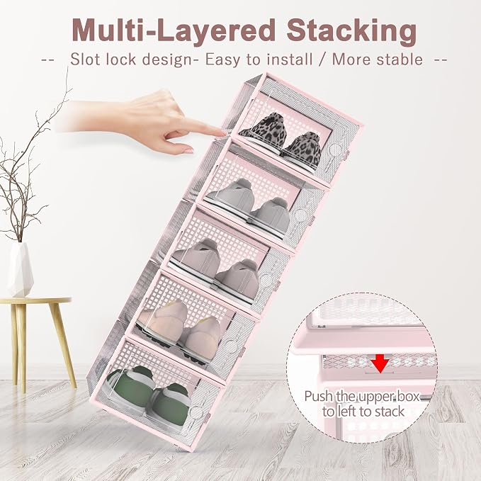 Kuject Shoe Organizers Storage Boxes for Closet, 12 Pack Clear Plastic Stackable Storage Bins with Lids, Under Bed Shoe Containers for Entryway, Drop Front, Fit up to Women's Size 10,Pink | Shoe organizers for closet & entryway, under-bed,Drop-front de...