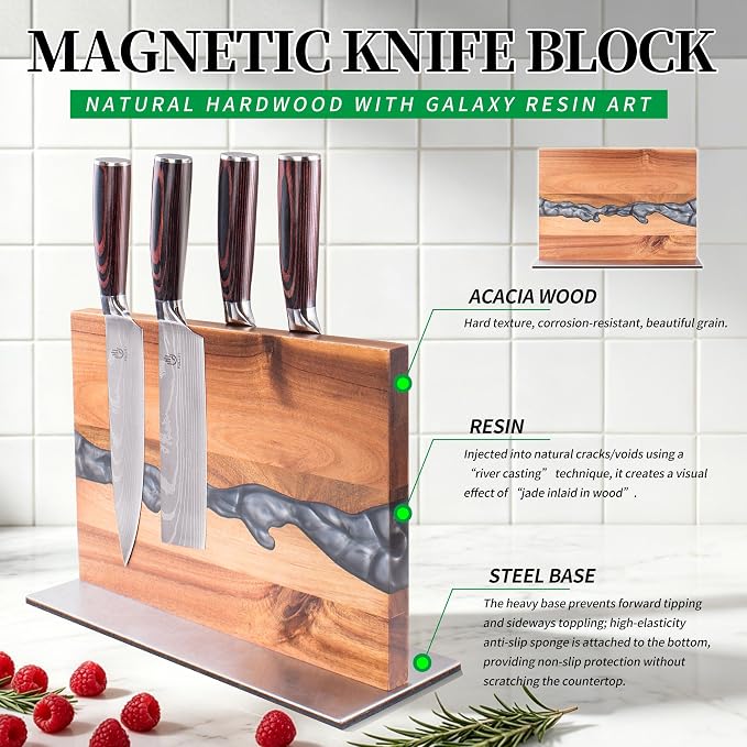 FULLHI Kitchen Magnetic Knife Block Holder, Knife Magnetic Strip with Enhanced Magnets natural wood Multifunctional Storage Holder for Kitchen Utensil, Knife Set, Scissors,Spice Ja (13.15 * 9.5inch)