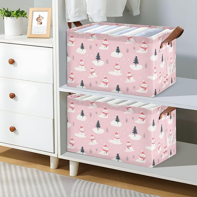 Pink and White Christmas Snowman Storage Bins for Shelves with Labels&Handles Fabric Organizer Bin Foldable Rectangle Storage Basket Boxes for Closet, Bathroom, Home, Living Room, 2 Pack