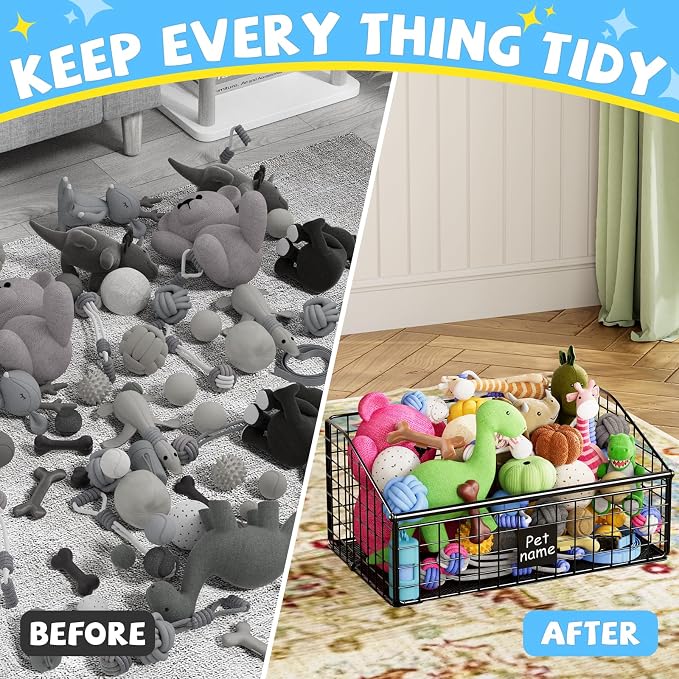 Kaiferty Indestructible Dog Toy basket, Medium Toy Box for Dogs,Pet Toy Bin Dog Metal Basket for Toys, Toy Storage Organizer, Toy Box for Living Room Area (Black)