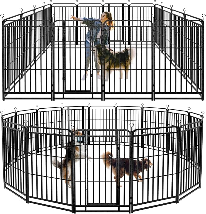 Kfvigoho Heavy Duty Dog Playpen 16 Steel Panels 47" Height | Square Steel Pipe with Reinforced Crossbars, 36FT 103 Sq.ft Portable Dog Fence Outdoor for Yard & RV Camping, Snowy Black