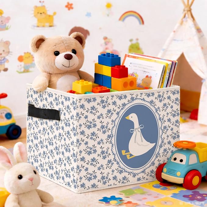 Blue Floral Goose Foldable Fabric Storage Bin for Kids Room | Blue floral cottagecore design; foldable storage basket for toys, books, clothes in nursery, bedroom or playroom.
