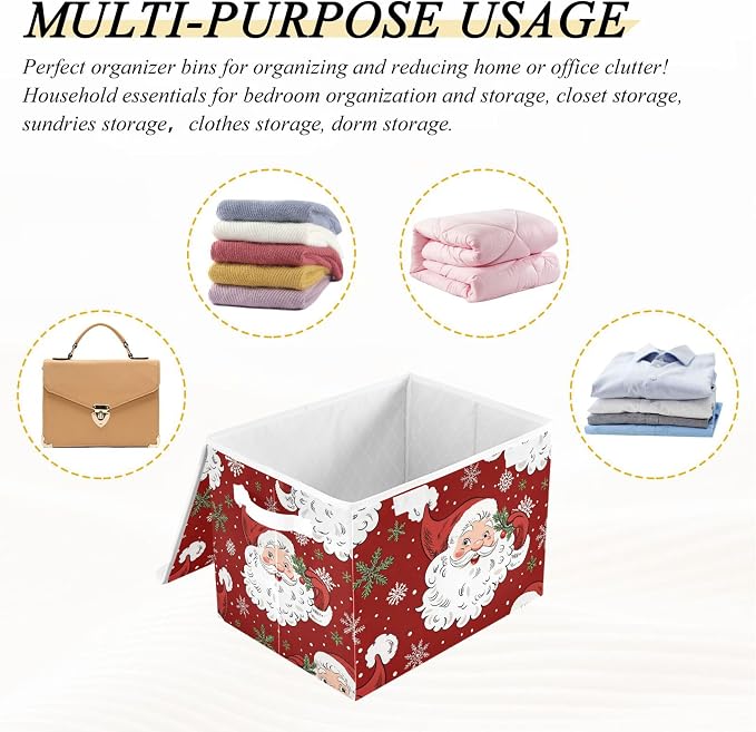Christmas Santa Claus Storage Bins with Lids and Carrying Handle,Foldable Storage Boxes Organizer Containers Baskets Cube with Cover for Home Bedroom Closet Office